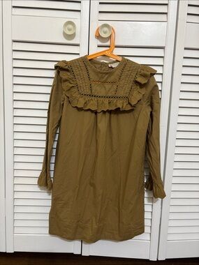 Bonpoint Olive Green Ruffle-Yoke Long Sleeve Dress size 8 girls dress